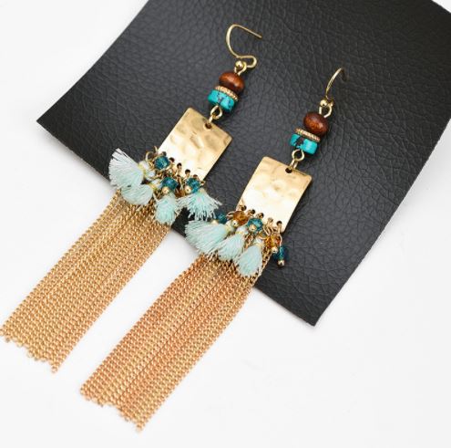 Blue Marbles Wooden Beads Cotton Tassel Nickel Free Gold Dangle Earrings from Switzerland zella.ch