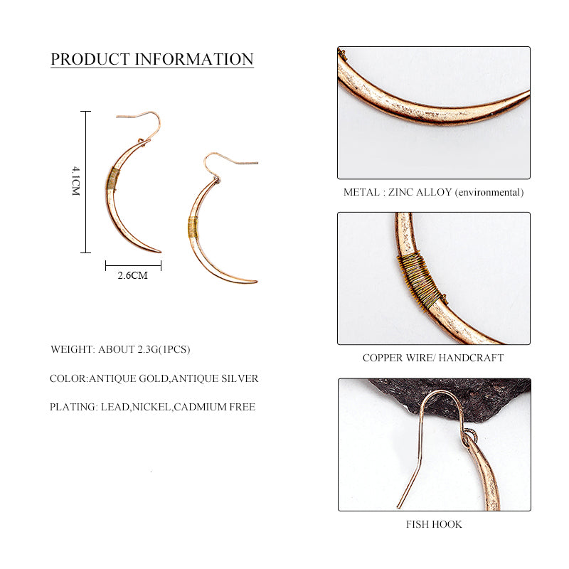 Nickel Free Moon Shape Hook Earrings in Antique Gold Silver Hematite from Switzerland zella.ch