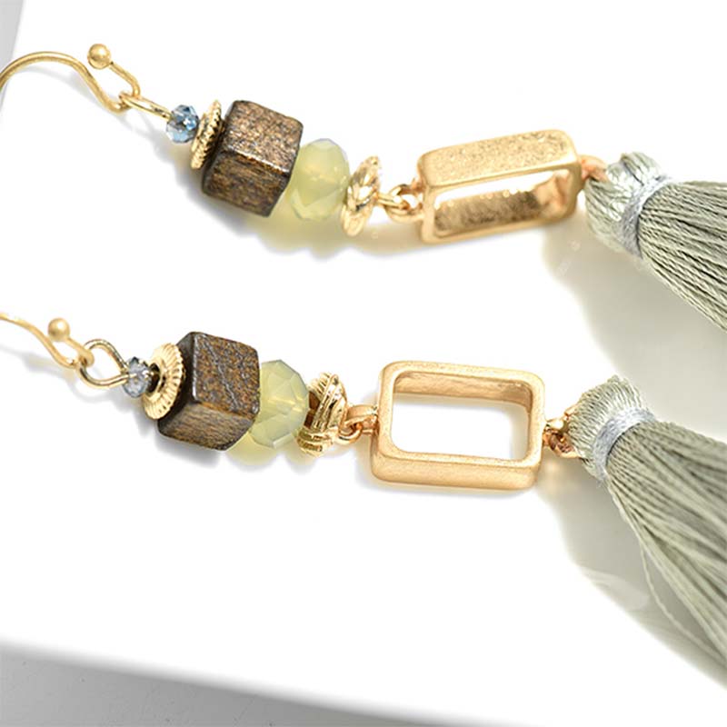 Boho Long Cotton Tassel Nickel Free Gold Metal Wooden Beads Earrings from Switzerland ZELLA.CH