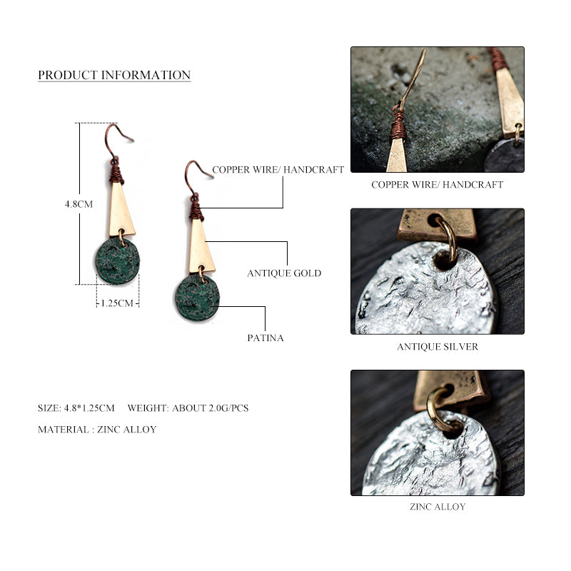 Nickel Free Geometric Gold Drop Earrings Metal Alloy Patina Copper ire Wrapped from Switzerland zella.ch 