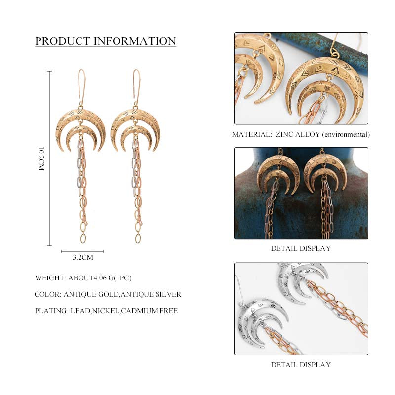 Ethnic Moon Shape Nickel Free Gold Drop Earrings from Switzerland zella.ch