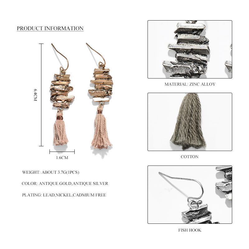 Boho Tassel Cotton Thread Dangle Earrings Zinc Alloy Nickel Free Antique Gold Silver from Switzerland