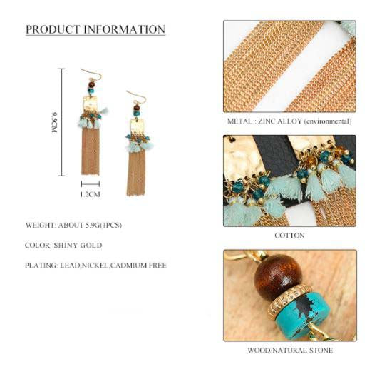 Blue Marbles Wooden Beads Cotton Tassel Nickel Free Gold Dangle Earrings from Switzerland zella.ch