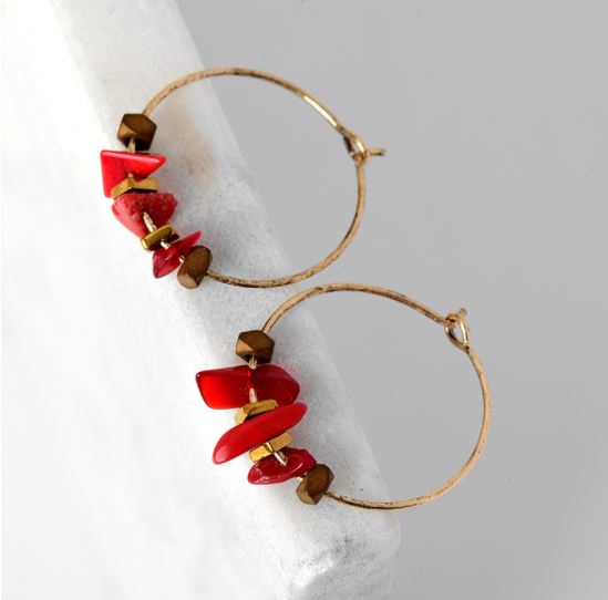 Nickel Free Red Natural Stones Gold Hoop Earrings from Switzerland ZELLA.CH