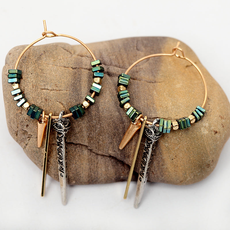 Nickel Free Gold Aztec Green Ore Beads Hoop Earrings from Switzerland zella.ch