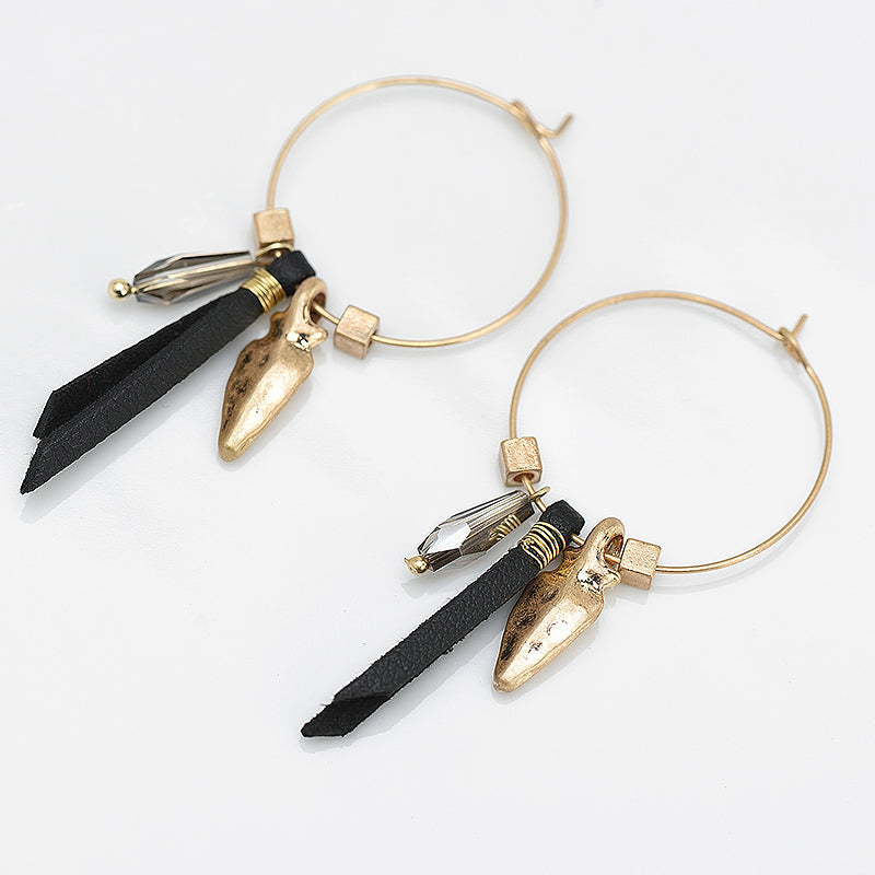 Black Leather Glass Beads Nickel Free Gold Hoop Earrings from Switzerland zella.ch