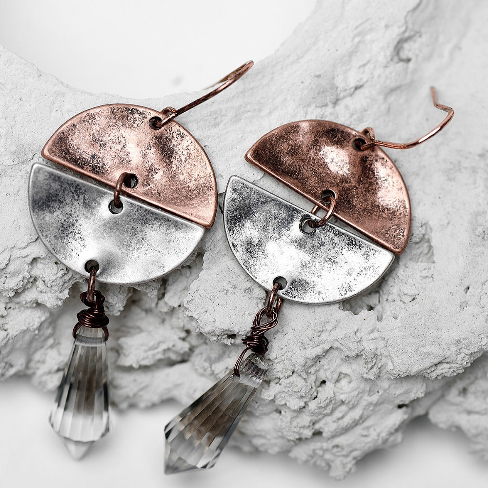 Nickel Free Rustic Dangle Earrings Antique Copper Silver Natural Glass Stone from Switzerland