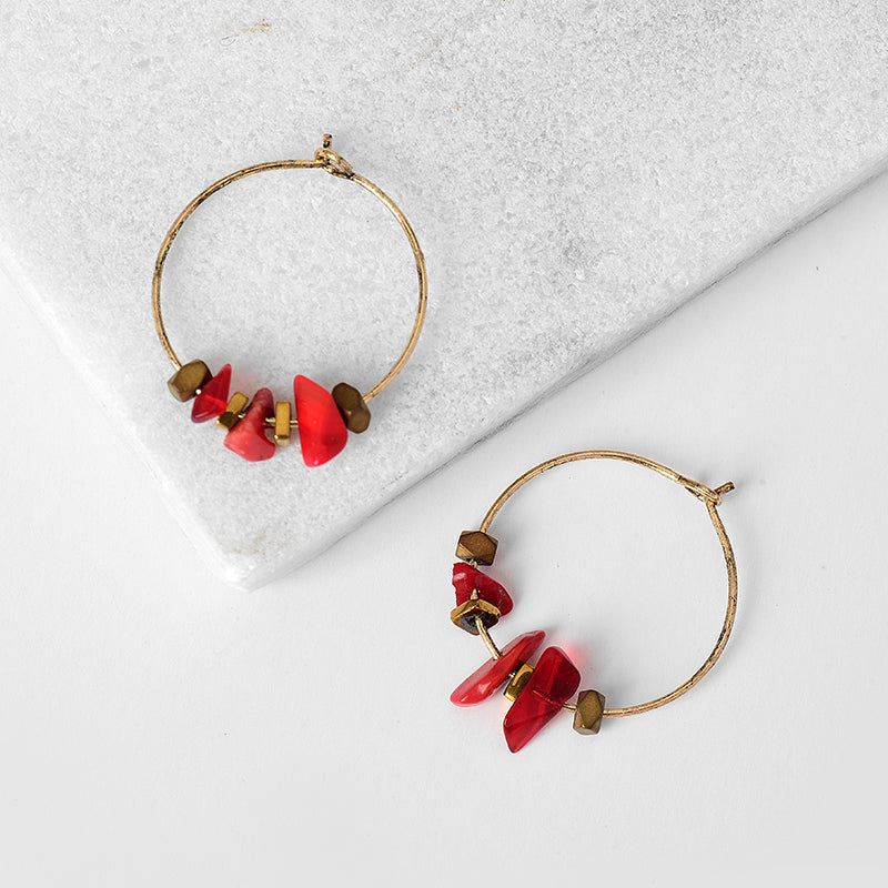 Nickel Free Red Natural Stones Gold Hoop Earrings from Switzerland ZELLA.CH