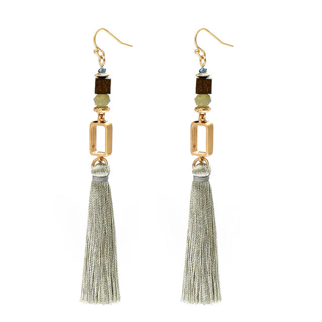 Boho Long Cotton Tassel Nickel Free Gold Metal Wooden Beads Earrings from Switzerland ZELLA.CH