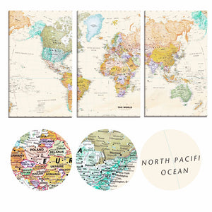 Vintage World Map Wall Art Print – ELENA – 3 Panel