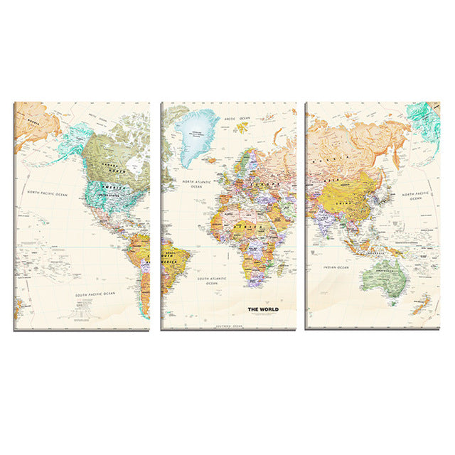 Vintage World Map Wall Art Print – ELENA – 3 Panel