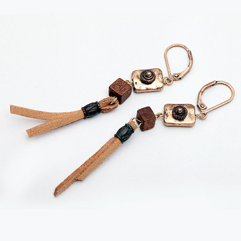 Nickel Free Brown Suede Wooden Beads Dangle Earrings from Switzerland zella.ch