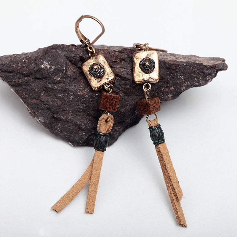 Nickel Free Brown Suede Wooden Beads Dangle Earrings from Switzerland zella.ch