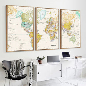 Vintage World Map Wall Art Print – ELENA – 3 Panel