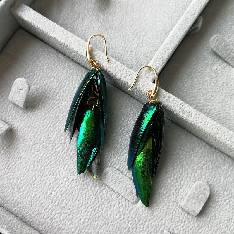Real Beetle Wings Green Brass Nickel Free Dangle Earrings from Switzerland zella.ch