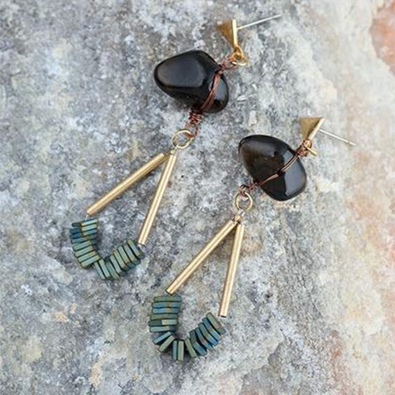 Nickel Free Gold Natural Stone Brown Ore Bead Dangle Earrings from Switzerland zella.ch
