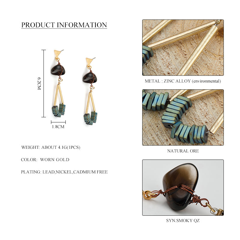 Nickel Free Gold Natural Stone Brown Ore Bead Dangle Earrings from Switzerland zella.ch