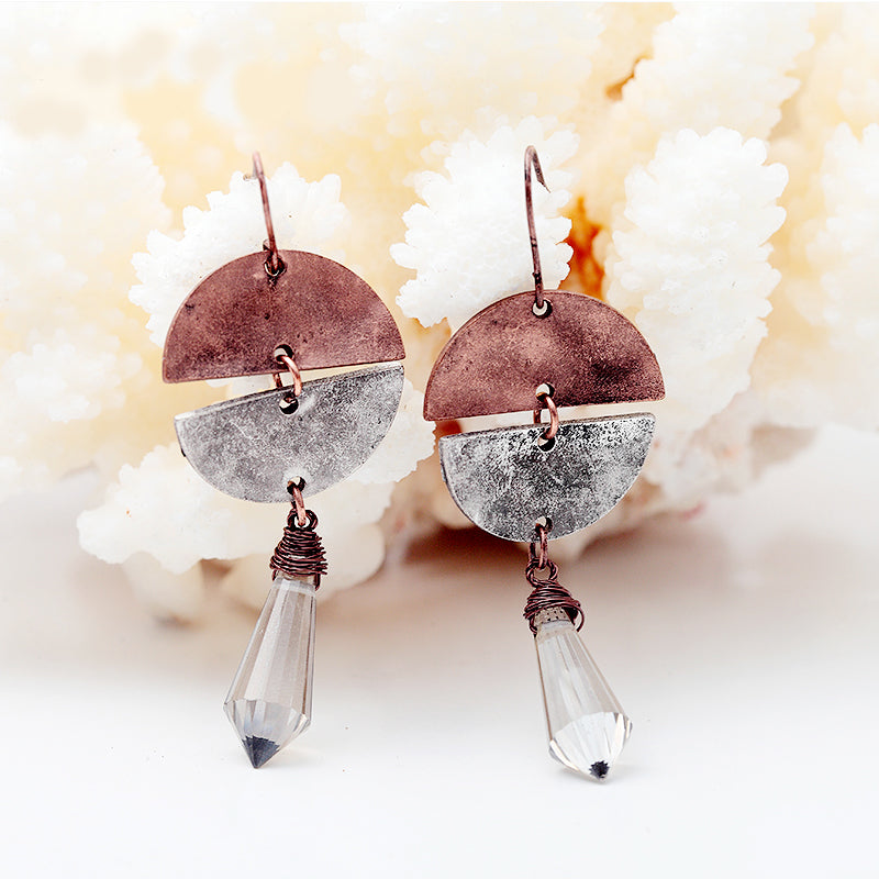 Nickel Free Rustic Dangle Earrings Antique Copper Silver Natural Glass Stone from Switzerland