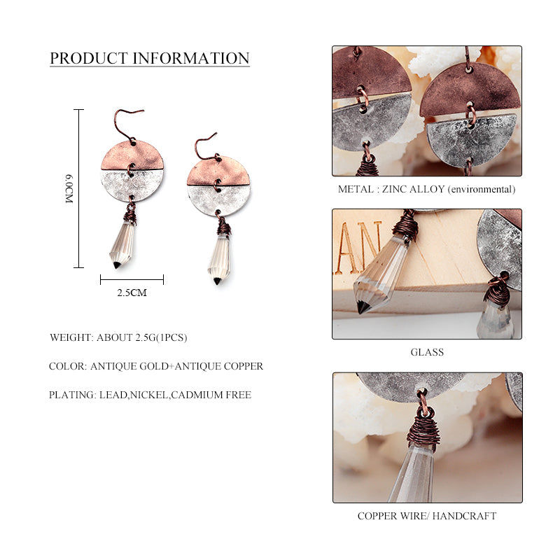 Nickel Free Rustic Dangle Earrings Antique Copper Silver Natural Glass Stone from Switzerland